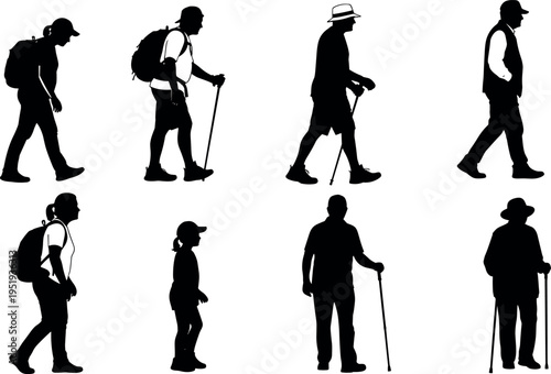  Black silhouette vector illustration of people walking with canes or hiking sticks, diverse postures, movement, and outdoor activity concept