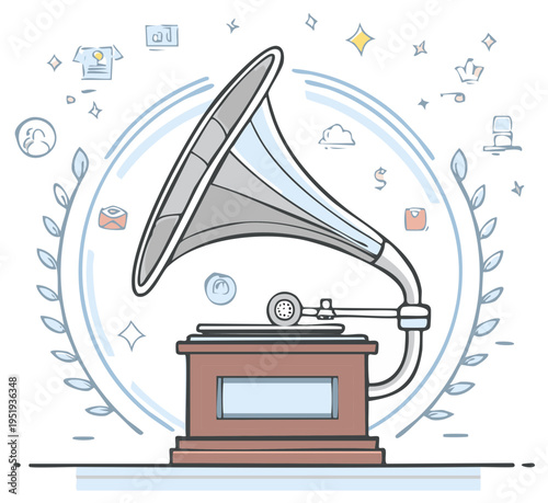 Vintage gramophone with surrounding icons representing music, entertainment, and technology