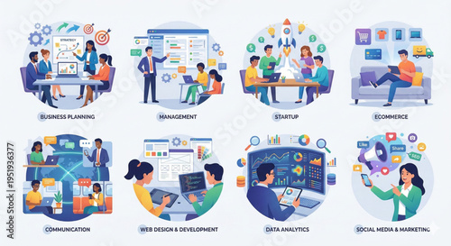 Various business activities and team working in modern workspace environment. Activities showing business planning and data analytics etc