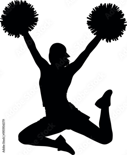  Black silhouette vector illustration of cheerleader jumping with pom-poms raised, athletic movement, energy, enthusiasm, sports, and performance concept