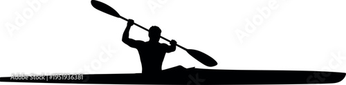 Black silhouette vector illustration of person kayaking with paddle, outdoor water sports activity, adventure, recreation, dynamic movement