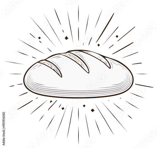 Hand Drawn Style Bread Loaf Illustration on Sunburst Background Bakery Food Design Element