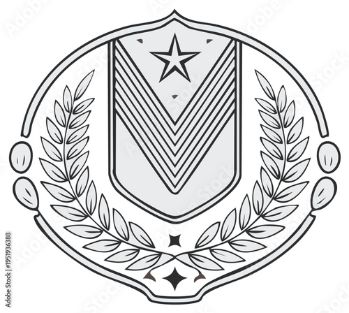 Military Insignia Badge Design, Graphic Emblem with Wreath, Five Stripes, Star, Vector