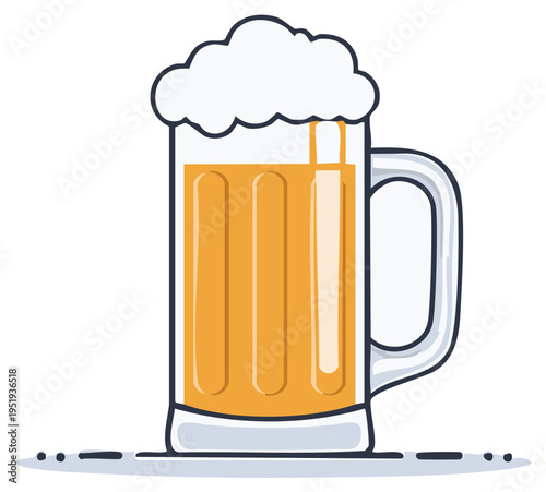 Illustration of a mug filled with beer, light beer, foam on top in cartoon style