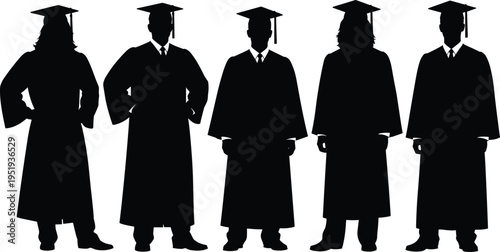 Graduation silhouettes of students in caps and gowns, academic achievement, education success, ceremony celebration, scholarly lifestyle vector illustration