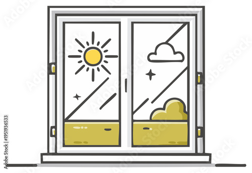 Window to a Sunny Day Open window with sunshine, fluffy clouds, shining star, and nature view in a bright minimal vector design
