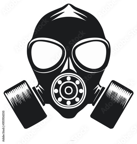 Black and white illustration of a gas mask with filters