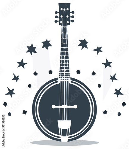 Stylized banjo illustration with radiating stars and musical notes