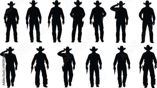 Cowboy silhouettes with hats, boots, guns, saluting poses, western lifestyle, wild west culture, vector illustration design
