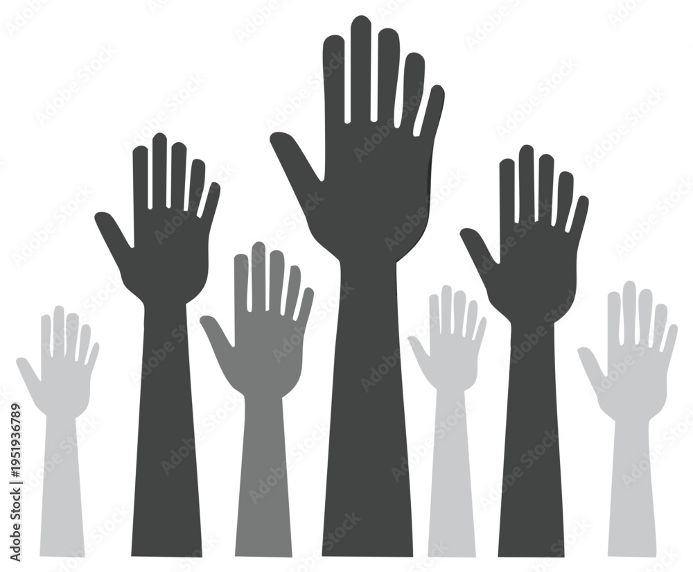 Fototapeta premium Diverse group of people raising hands in a stylized illustration showing unity and participation