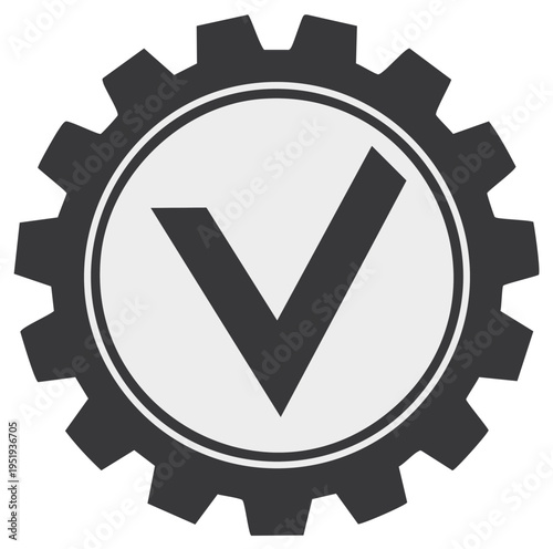 Black and white gear with a checkmark inside a circle emblem