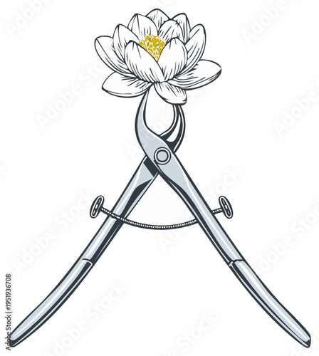 Surgical forceps holding a blooming lotus flower illustration, a symbol of beauty and resilience in the face of adversity