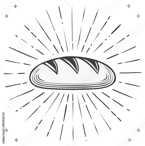 Artistic sketch of a rustic loaf of bread with radiating sunburst lines and stars