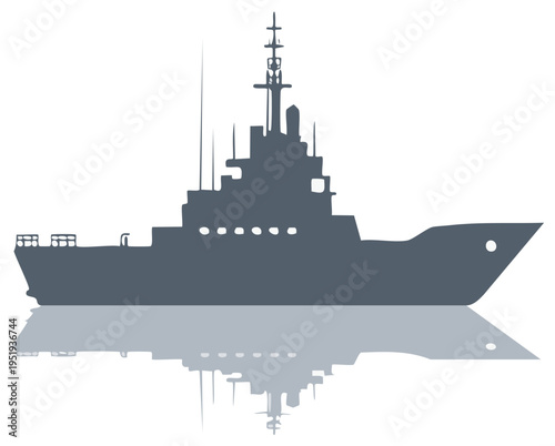 Silhouette of a Warship Reflection on a White Background