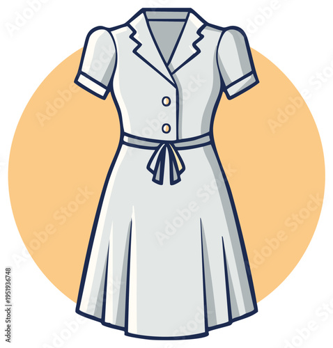 Illustration of a stylish white dress with buttons and a tie belt on a circular background