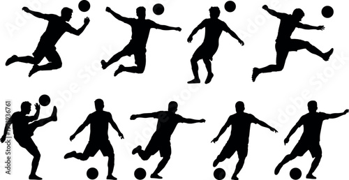 Black silhouettes of soccer players in dynamic action poses, kicking and running with ball, energetic vector artwork for sports design content