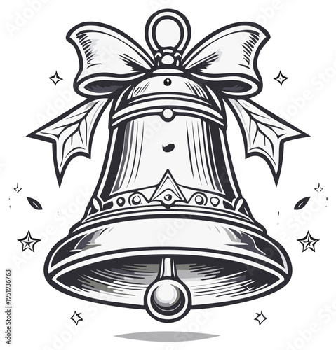 Vintage Christmas Bell with Bow and Embellishments Vector Illustration