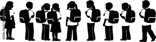 Black silhouette vector illustration of school children standing in line with backpacks, casual clothing, education, childhood, diversity