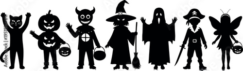 Black silhouette vector illustration of children in Halloween costumes, cat, pumpkin head, witch, ghost, pirate, fairy