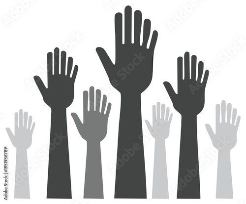 Diverse group of people raising hands in a stylized illustration showing unity and participation