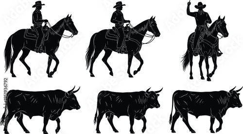 Cowboys riding horses and cows silhouettes vector illustration with western ranch theme, livestock concept, cowboy culture, rural lifestyle representation