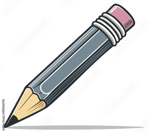 A simple graphite pencil with a pink eraser and sharpened tip on a white background