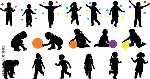  Black silhouette vector illustration of children playing with colorful balls, jumping, walking, and engaging in fun recreational activities concept