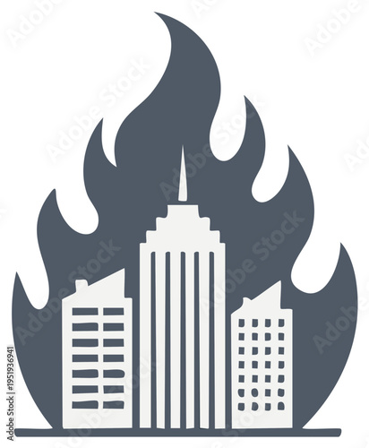 Stylized illustration of city buildings engulfed in flames
