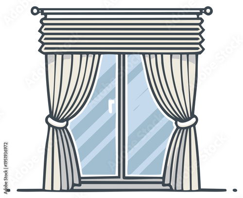 Illustrated window with pleated blinds and draped curtains tied back showing blue reflection