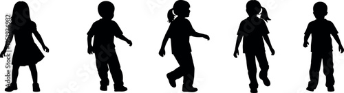 Black silhouette vector illustration of children standing and walking in diverse poses, playful movements, youthful posture, design