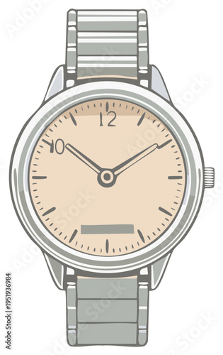 Vector Illustration of Wristwatch with Silver Band and Beige Face Close Up