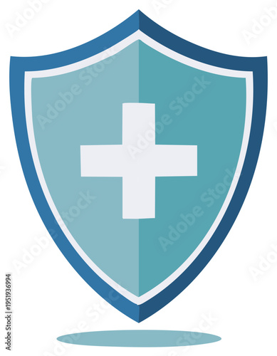 Shield with White Plus Sign for Health Security and Protection on a Light Blue Background