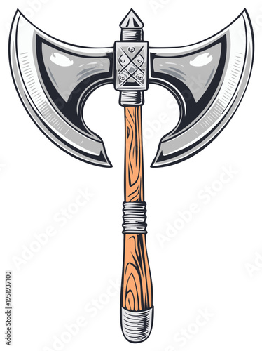 Detailed illustration of a medieval battle axe with a double blade and wooden handle