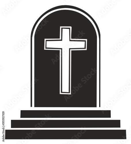Silhouette illustration of a tombstone with a cross icon, memorial concept
