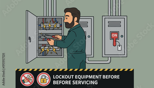 Electrician working safely with lockout equipment before servicing electrical panel