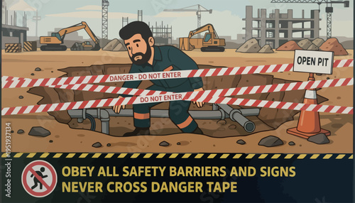 Construction worker near open pit with safety barriers and signs