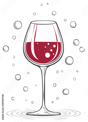 Elegant wine glass filled with red wine, bubbles and ripples in a minimalist line art illustration