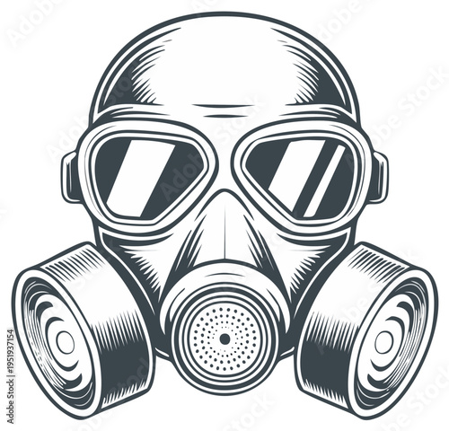 Vintage Style Gas Mask with Large Eye Lenses and Dual Filters Detailed Illustration