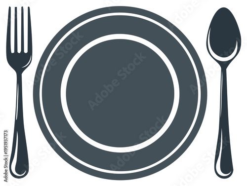 Clean vector illustration showcasing a dinner plate, fork, and spoon arranged on a table setting for a meal, simple graphic