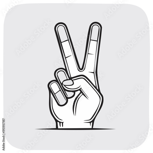 Outlined hand showing the peace sign gesture on gray background.