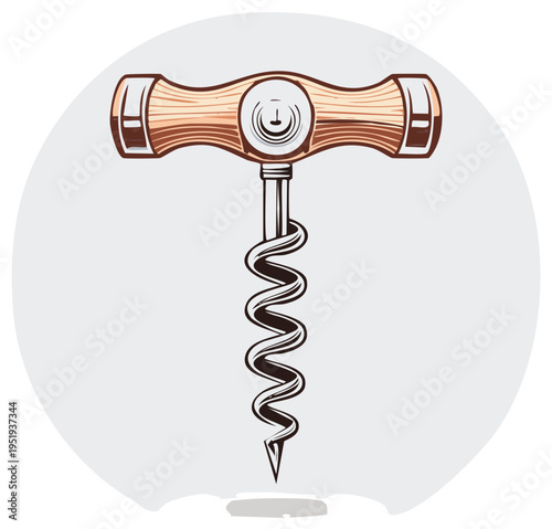 Elegant wine bottle corkscrew illustration features wooden handle and spiral screw evokes traditions of wine and drink culture design element