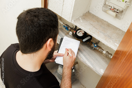 A man records energy consumption and utility data from a residential meter box to manage monthly household expenses and bills. Stock photo