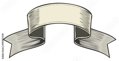 Vintage engraved banner with cream colored center and grey wings on white