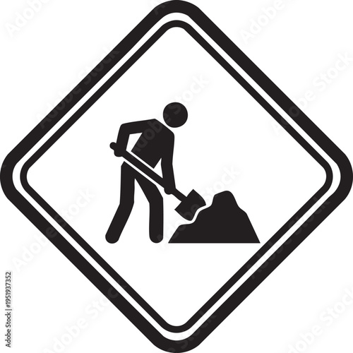 Road work ahead sign with a person digging and shovel