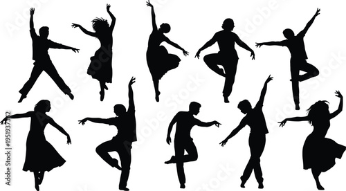 Dance silhouettes, expressive poses, dynamic movement, performing arts, male and female dancers, artistic body motion, black vector illustration