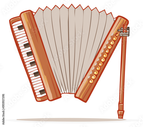 Wooden accordion musical instrument with keyboard and buttons illustration