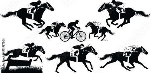 Horse racing silhouettes with numbered riders and cyclist, dynamic motion, jumping hurdle, vector illustration for design, artwork, sports themes