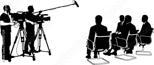  Black silhouette vector illustration of video production crew filming interview with cameras, boom microphone, and seated panel discussion concept