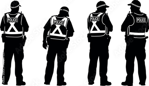 Vector illustration of police officer silhouettes, law enforcement icons, security concept, public safety, uniformed personnel, authority figures, protective design elements