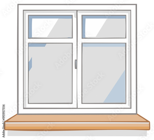 Cartoon illustration of a white window with a wooden sill.